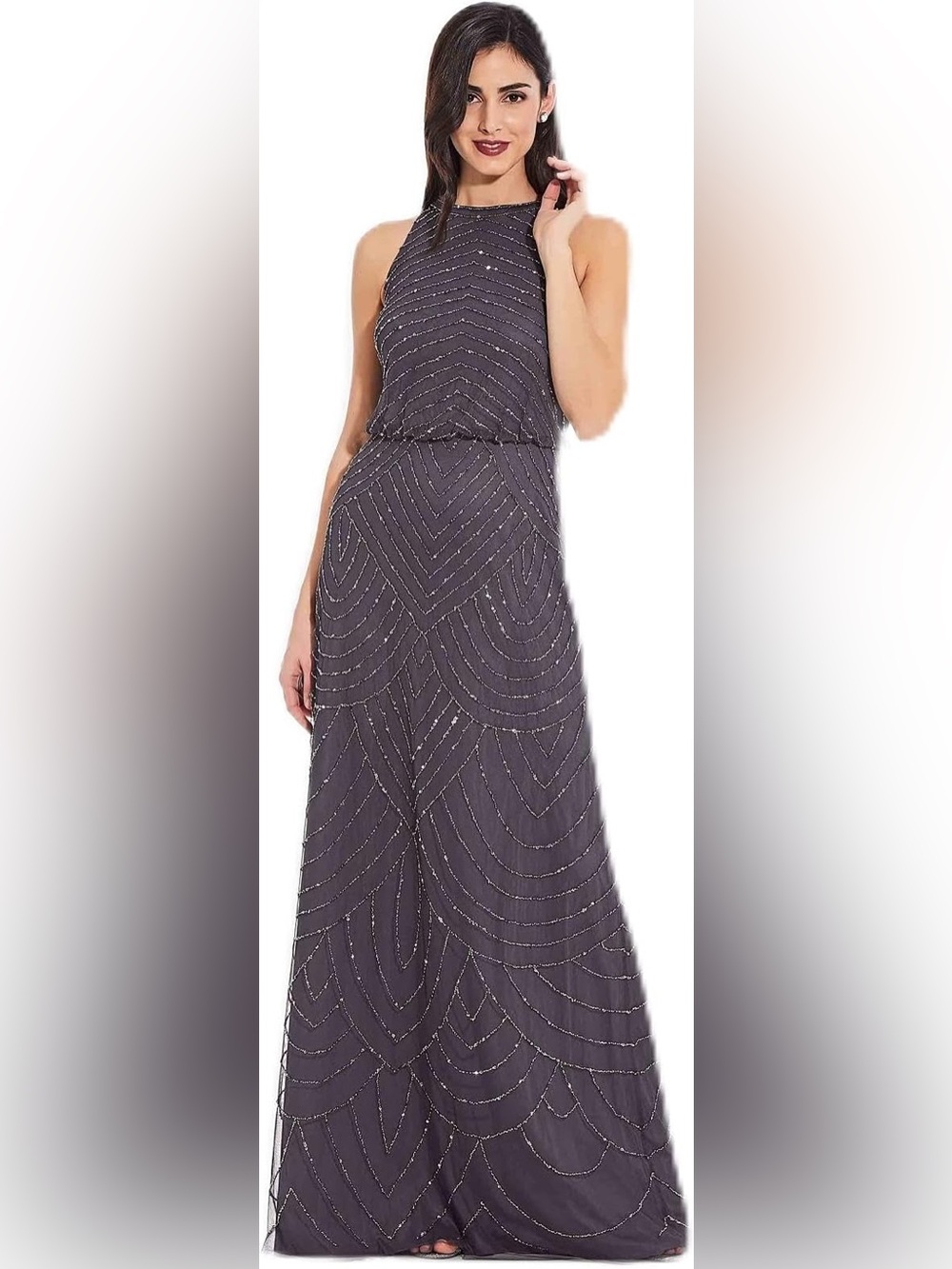 Adrianna Papell Beaded Evening Dress - Dark Charcoal - Size 6